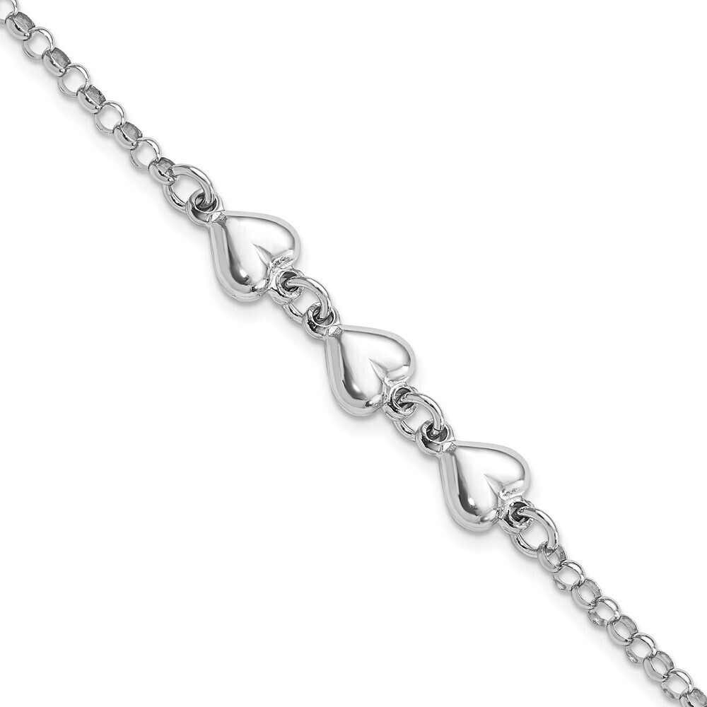 Kazi Luxury Sterling Silver Rhodium Plated Polished Triple Heart Charm Bracelet